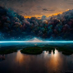 hyperdetailed panoramic view foreground is a beautiful lake unicorns fly overhead in the sky riding blue rainbows middleground is a book with ancient scripture2 background is at night with rings 