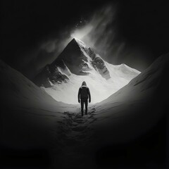 Fototapeta scared alone lost no one around base of a snow top mountain cant turn around need help black and white photography cold dark lonely emotional no face trail snow walking night high contrast geometric  obraz