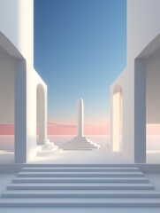 A surreal yet minimalistic outdoor scene of a white building with geometric columns and steps, illuminated by a pastel sky, serves as the perfect backdrop for a modern product showcase