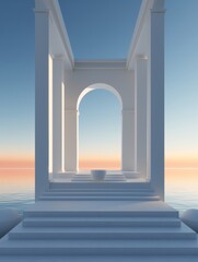 A surreal, minimalistic outdoor scene of an empty geometric platform pedestal against a pastel sky backdrop, presenting a modern design product mockup at sunrise