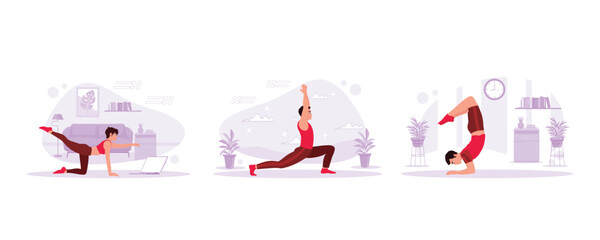 Asian woman exercises muscles by watching videos on a laptop. Handsome young man practicing yoga outdoors. Side view of a man practicing yoga in a scorpion pose. Trend Modern vector flat illustration.