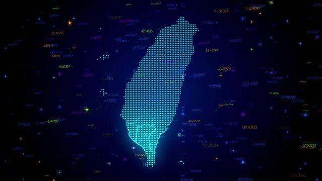 Futuristic Motion View Blue Colorful Shiny Digital Technology Hud Dots Mosaic Grid Taiwan Map Light Scanning With Numeric Tech Particles Background, Seamless Loop