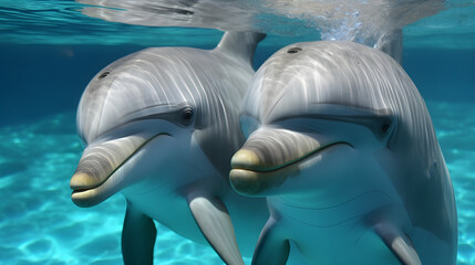 two dolphins swimming in water created with Generative AI 