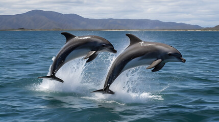 two dolphins jumping out of the water stun shot created with Generative AI 