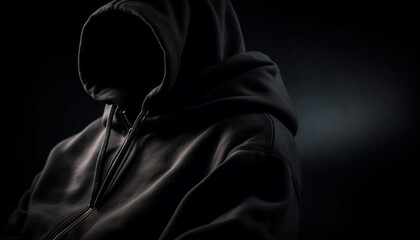 Hooded burglar in black, hiding in shadows generated by AI
