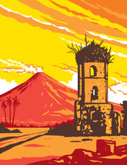WPA poster art of Mayon Volcano and Cagsawa ruins bell tower in Albay, Bicol Region in the Luzon Island of the Philippines done in works project administration or Art Deco style. - 618365352