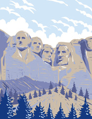 WPA poster art of Mount Rushmore National Memorial with colossal sculpture called Shrine of Democracy in Black Hills near Keystone, South Dakota USA in works project administration or Art Deco style. - 618365356