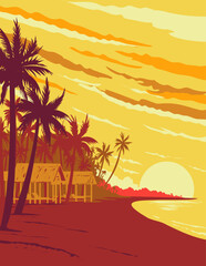 WPA poster art of a beach in Phu Quoc island during sunset in Kien Giang Province located in the Gulf of Thailand in Vietnam done in works project administration or Art Deco style. - 618365361