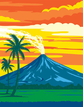 WPA poster art of Mayon Volcano Natural Park located in the Bicol Region on southeast Luzon Island Philippines done in works project administration or Art Deco style.