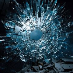 A spiral made of broken glass that was produced by a gunshot to glass