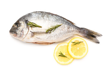 Raw dorado fish with lemon on white background