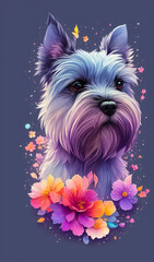 Detailed design of a schnauzer dog's face painted with watercolor over some colorful flowers