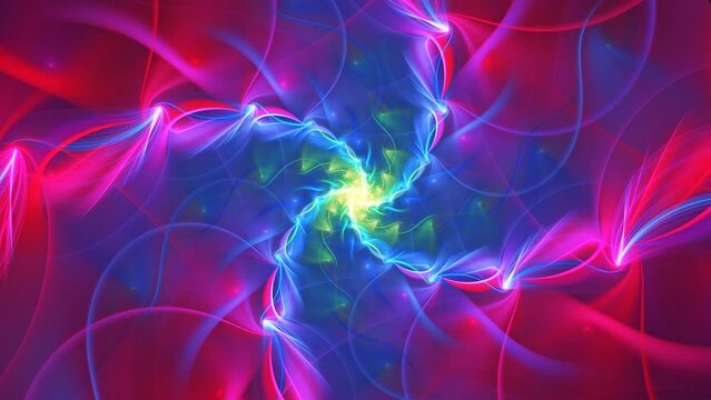 Curve bright fractal particles making spiral constructions radiating from centre, rotating, transforming. Abstract motion background of varicoloured energy revolving flows. 4K UHD 4096x2304