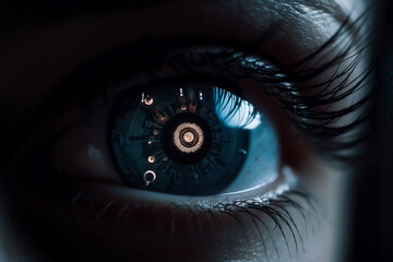 Naklejka premium close up of eye robot biometric biometry biostatistics iris IT technology generative ai