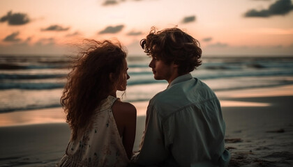 Young couple embraces in sunset beach romance generated by AI