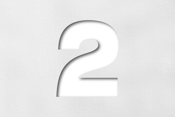 number cut paper 2 white isolated on transparent background