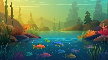 Fototapeta na wymiar rainbow over a tranquil lake, with colored fish in the water, cartoon illustration, generative ai