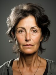 headshot of a mature senior woman looking at the camera on gray background