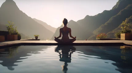 Foto op Plexiglas Strand zonsondergang Young women medication yoga  in the water of pool resort with beautiful mountain view created with Generative AI 