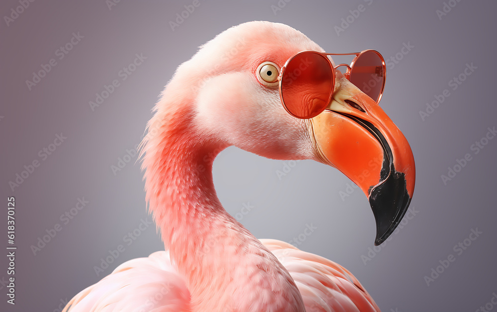 Wall mural Portrait of a pink flamingo in sunglasses. Generative AI technology.