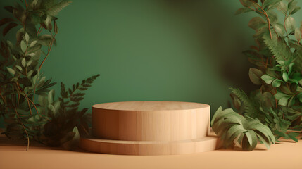 wood round podium with green plant on green background created with Generative AI 