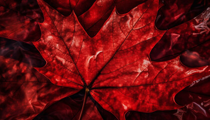 Vibrant autumn maple leaf, textured vein backdrop generated by AI