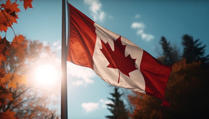 Canadian flag waving in autumn maple tree forest generated by AI