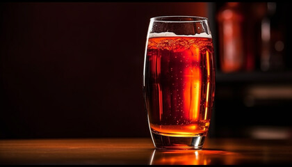 Frothy beer glass on wooden bar counter generated by AI