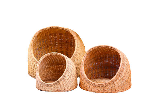 Various Size Of 3 Cat Wicker Baskets Or Dog Houses Made From Rattan Isolated On Transparent Background, Png File