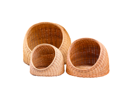 Various size of 3 cat wicker baskets or dog houses made from rattan isolated on transparent background, png file