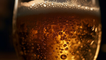 Frothy beer drops wet glass, bubble celebration generated by AI