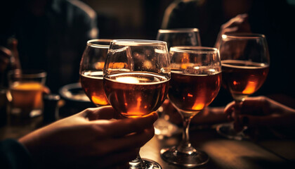 Obraz na płótnie Canvas Luxury bar, friends toast champagne in celebration generated by AI