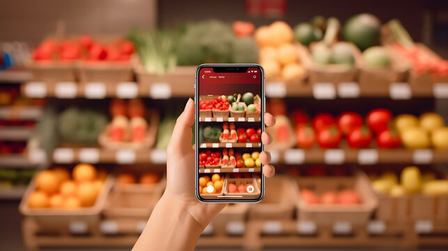 hand holding smart phone taking picture of fruit and vegetable in super market created with Generative AI 