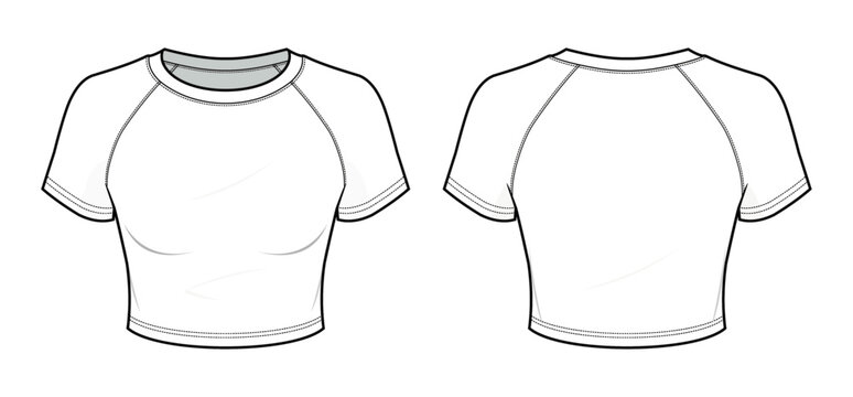 	
Fitted white cropped raglan shirt flat technical fashion illustration. raglan sleeve T-shirt fashion flat technical drawing template, front view, back view, white color, women, CAD mockup