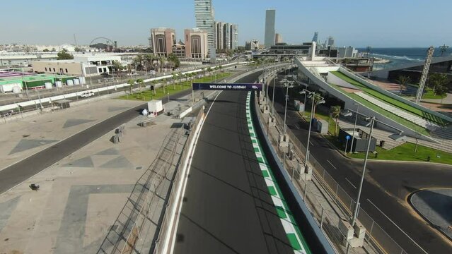 Drone Flyover Grand Prix Formula 1 Saudi Arabia 2023 Beachfront Track Circuit, 4K Jeddah