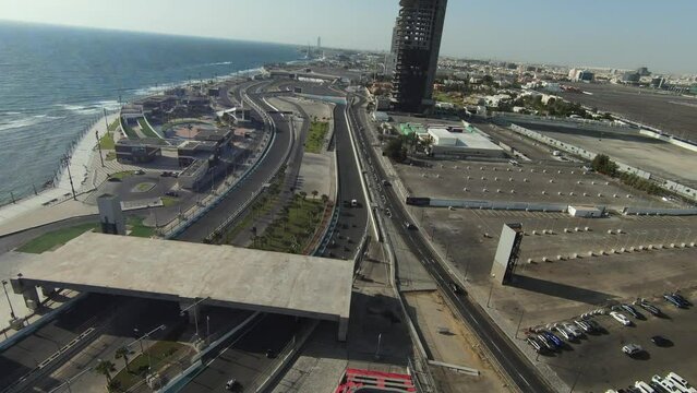 4K Drone Flyover Colorful Artistic Grand Prix Supercross Formula 1 Urban Beachside Circuit, Jeddah Saudi Arabia 2023