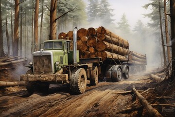 A tractor get logs out of the woods. Generative AI.