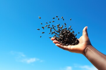 Human hand throwing seeds. Generative AI.