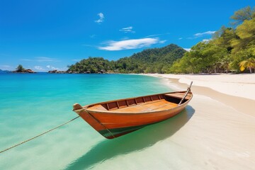 Canoe on the tropical sandy beach. Generative AI.