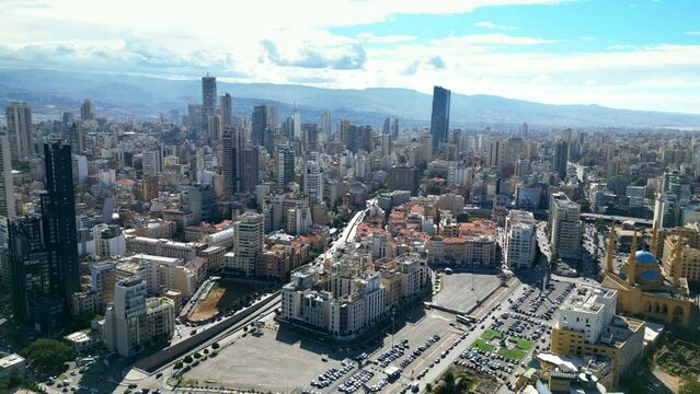 Drone shot Beirut capital city Lebanon hot sunny day with blue sky