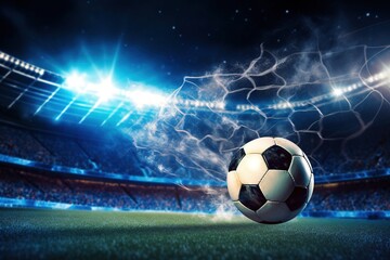 Naklejka premium Soccer ball flew into net of the goal. Generative AI.