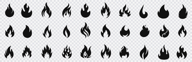 Big set of fire flame vector icons. Collection of fire and flame icons. Bonfire icons, flaming elements.