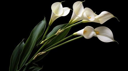 White calla lily flowers on black background, funeral concept. Generative AI.