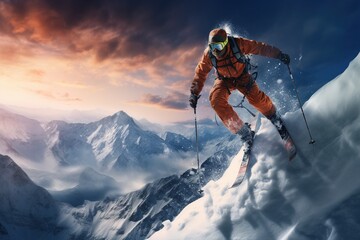 Winter Extreme athlete, ski jump on mountain. Generative AI.