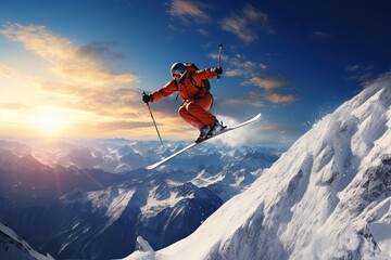 Naklejka na ściany i meble Winter Extreme athlete, ski jump on mountain. Generative AI.