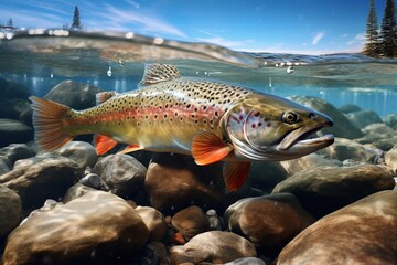 Trout in a river with rocks. Generative AI.
