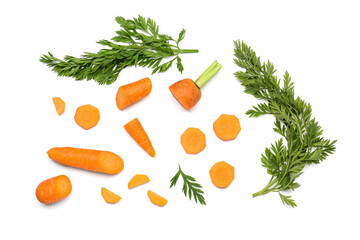Slices of fresh carrots on white background