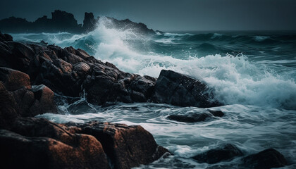 Breaking waves crash against rocky coastline at dusk generated by AI