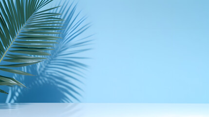 Fototapeta na wymiar Blurred shadow from palm leaves on the blue wall. Minimal abstract background for product presentation. Spring and summer.