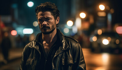 Obraz premium Young man in leather jacket enjoys nightlife generated by AI